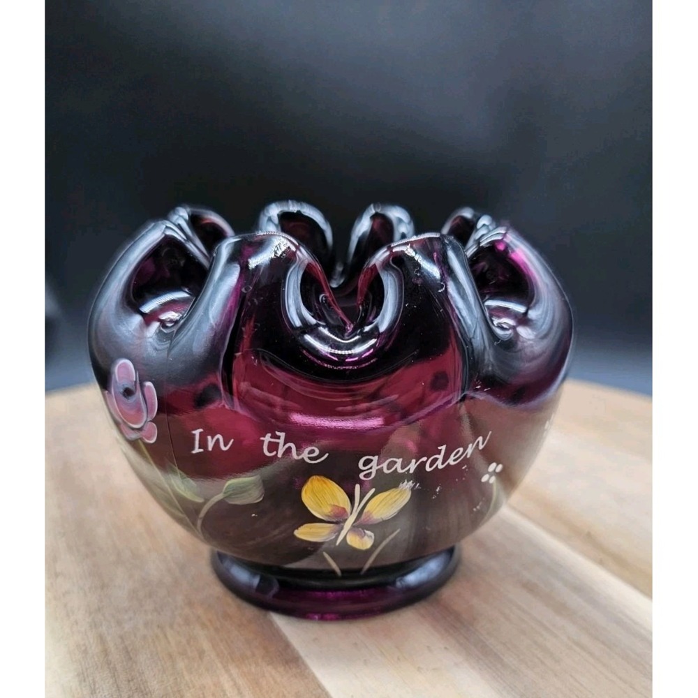 Vintage Hand Painted Fenton‎ Ruffled Ruby Red Rose Bowl Signed CA Hall
